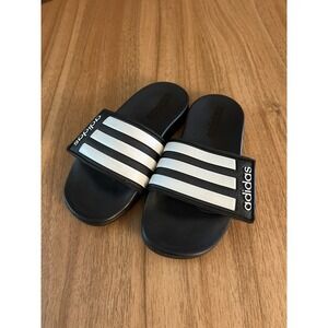 Adidas Unisex Slides Sandals Black White Stripes Adjustable Hook & Loop Kids 11